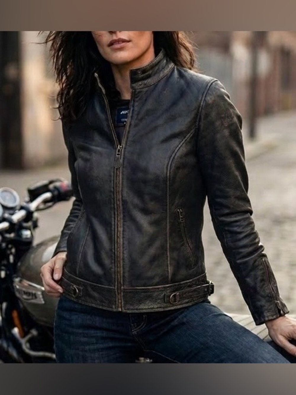 Hight quality Vintage Black Leather Moto Jacket with Antique Brass Hardware